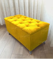 Lüks Sandıklı Kapitoneli Ayakucu Puf Bench 90 cm Gümüş Ayak (Sarı)