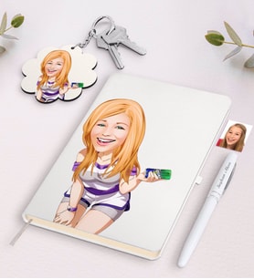 BK Gift Kişiye Özel Bayan Karikatürlü Siyah Defter Kalem Ve Anahtarlık Hediye Seti-36 (Model 2)