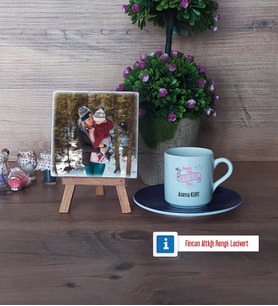 Anneler Günü Hediyesi Fotoğraflı Dekoratif Taş, Ahşap Altlıklı Türk Kahvesi Fincanı Hediye (Model 4)