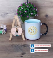Gold Baş Harf Kupa Bardak Beyaz ve Fotoğraflı Ahşap Anahtarlık Hediye (Model 9)
