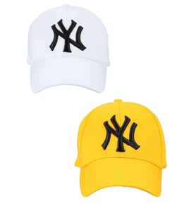 Unisex Ny Nakışlı Mavi Kep Şapka 2'li Set (Sarı-Beyaz)