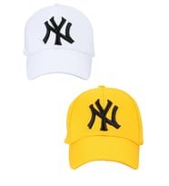 Unisex Ny Nakışlı Mavi Kep Şapka 2'li Set (Sarı-Beyaz)