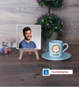 Yılbaşı Hediyesi Fotoğraflı Dekoratif Taş, Ahşap Altlıklı Türk Kahvesi Fincanı Hediye (Model 2)