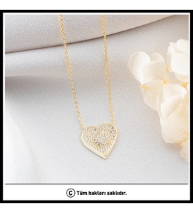 925 Ayar Gümüş Zirkon Taşlı Kalp Kolye (Gold)