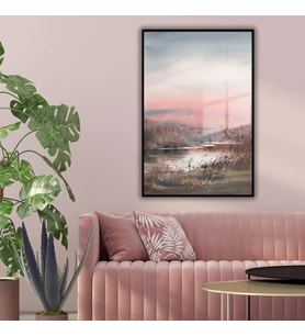 Metal Çerçeveli Temperli Cam Tablo Soft Pembe Göl Manzarası (Siyah)