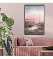 Metal Çerçeveli Temperli Cam Tablo Soft Pembe Göl Manzarası (Siyah)