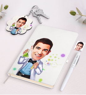 BK Gift Kişiye Özel Erkek Fen Bilimleri Öğretmeni Karikatürlü Siyah Defter Kalem Ve Anahtarlık Hediye Seti-3 (Model 2)