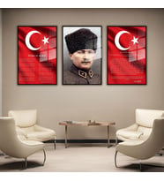 3'lü Metal Çerçeveli Cam Tablo Seti Üniformalı Atatürk İstiklal Marşı ve Gençliğe Hitabe (Siyah)