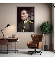 Metal Çerçeveli Temperli Cam Tablo Renkli Başkomutan Atatürk Portresi (Gümüş)