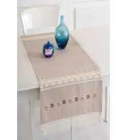 Buldan Keteni Ara Dantelli İpek İşlemeli 50x130 cm Runner (Sütlü Kahve)