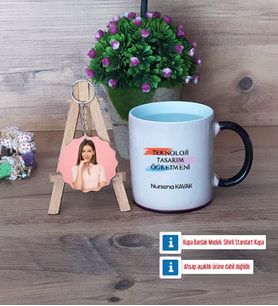 Teknoloji ve Tasarım Öğretmeni Kupa Bardak Beyaz ve Fotoğraflı Ahşap Anahtarlık Hediye (Model 9)