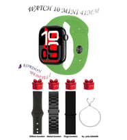 Samsung Galaxy M31 Prime Uyumlu Açık Mavi Akıllı Saat Watch 10 Mini Kordon Hediyeli AMOLED EKRAN 41MM (Yeşil-Siyah)