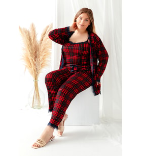 Sabahlıklı Dantel Detaylı Büyük Beden Pegasus Kadın Pijama Takımı-Çeyizlik Takım (Kırmızı)