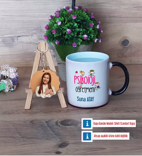 Psikoloji Öğretmeni Kupa Bardak Beyaz ve Fotoğraflı Ahşap Anahtarlık Hediye (Model 9)