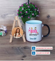 Psikoloji Öğretmeni Kupa Bardak Beyaz ve Fotoğraflı Ahşap Anahtarlık Hediye (Model 9)
