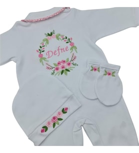 İsimli Hastane Çıkışı 3 Lü Set Rococo Laruel Desenli Pembe (Ekru)