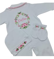 İsimli Hastane Çıkışı 3 Lü Set Rococo Laruel Desenli Pembe (Ekru)