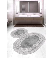 Dijital Baskılı Kaymaz Taban Yıkanabilir Oval 2'li Klozet Takımı Banyo Paspası NOKZ-HK-104 (Gri)