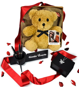 Sevgililer Günü Kişiye Özel Fotoğraf Kutusu&Kolyeli Sevimli Teddy  Ayıcık & Kişiselleştirilmiş Masaüstü Ahşap Kalemlik (Model 2)