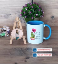 Arkadaşa Hediye Kaktüs Kupa Bardak Beyaz ve Fotoğraflı Ahşap Anahtarlık Hediye Doğum Günü Hediyesi (Model 4)