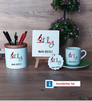Patolog Hediye Seti Dekoratif Taş, Kalemlik, Ahşap Altlıklı Türk Kahvesi Fincanı, Ahşap Anahtarlık Hediye (Model 9)