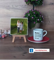 Baba Fotoğraflı Dekoratif Taş, Ahşap Altlıklı Türk Kahvesi Fincanı Hediye (Model 3)