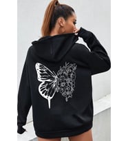Unisex Drawing Butterflies Sırt Baskılı Sweatshirt (Siyah)