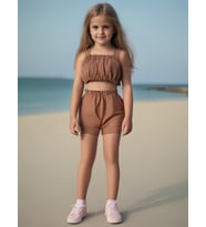 Kız Bebek Düz Renk Crop Şort Set (Kahverengi)