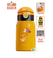CocoSmile Özel Kutulu Kılıflı 470 ML Pipetli Çelik Termos -Boyun Askılı- 4 Farklı Model  csKılıflı (Sarı)