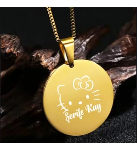 Kişiye Özel İsimli Kararmaz Çelik Kolye Yuvarlak Daire Kolye Hello Kitty (Gold)