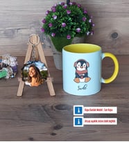 Tatlı Penguen Kupa Bardak Beyaz ve Fotoğraflı Ahşap Anahtarlık Hediye (Model 7)