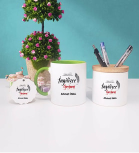 İngilizce Öğretmeni Kupa Bardak Kırmızı Kalemlik ve Anahtarlık (Model 8)