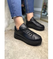 Günlük Kadın Sneaker Bağcıklı Kalın Yüksek Taban Leopar Detay Spor Ayakkabı 065 (Siyah)