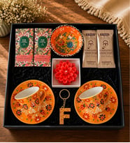 El Yapımı Çini Fincan & Çini Kase & Epoksi Harf Anahtarlık & Lotus Mum  & Kahve & Mendil & Hediye Seti (Turuncu)