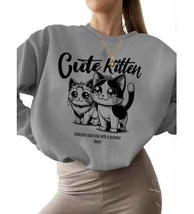 Şirin kedi yavrusu Baskılı Sweatshirt Sweatshirt kalın Bej 3 iplik şardonlu kadın bisiklet yaka (Gri)