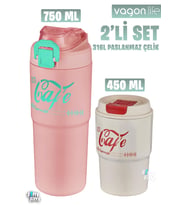 Vagonlife 2'li Çelik Termos-Kahve Bardağı Seti 750ML Çift Kullanım Termos//450ML Mug Kahve Bardağı (Beyaz-Pudra)