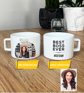 Kişiye Özel Karikatürlü Patron Hediye Lüks Fincan Big Boss Kadın Patrona Doğum Günü Hediyesi (Beyaz)