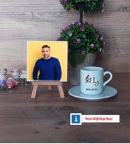 Patolog Fotoğraflı Dekoratif Taş, Ahşap Altlıklı Türk Kahvesi Fincanı Hediye (Model 2)