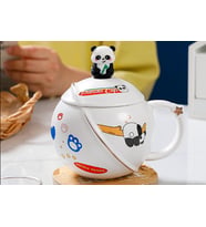 400ml Seramik Kapaklı Kaşıklı Panda Kupa Bardak Çay Kahve Bardağı Ofis Kupa Seti (Beyaz)