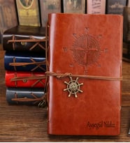 Kişiye Özel İsim Baskılı Deri Defter - İsme Özel Pusula Tasarımlı Deri Defter - Çizgisiz Deri Defter - Farklı Renk Seçenekleri Deri Denizci Defter (Kahverengi)