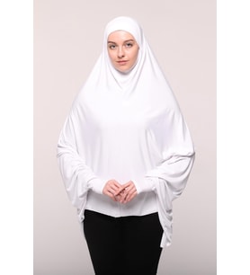 Kollu Sufle Çarşaf Üstü Peçeli Pratik Tesettür Hijab - Nikaplı Namaz Örtüsü (Beyaz)