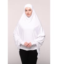 Kollu Sufle Çarşaf Üstü Peçeli Pratik Tesettür Hijab - Nikaplı Namaz Örtüsü (Beyaz)