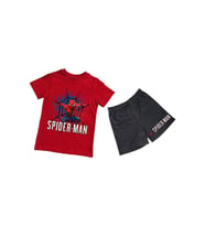 unisex Spiderman baskılı pamuklu kumaş kısa kollu şortlu ikili çocuk takımı (Kırmızı)