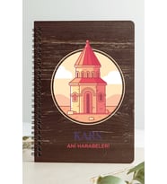 Kars Ani Harabeleri Şehir Tasarım Ahşap Kapaklı Defter Kraft Kâğıt Özel Tasarım (Gri - Siyah - Beyaz)