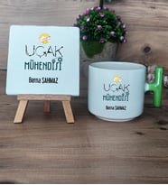 Uçak Mühendisi Hediye Seti Kupa Bardak T Kulplu ve Dekoratif Taş Mühendisler Günü Hediyesi (Model 8)