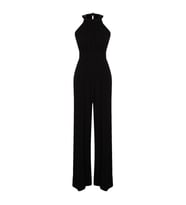 Kadın Moda Reglan Kol Boru Paça Halter Yaka Uzun Beli Büzgü Detaylı Geniş Paça Maxi Dokuma Tulum (Siyah)