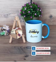 Happy Birthday Kupa Bardak Beyaz ve Fotoğraflı Ahşap Anahtarlık Hediye (Model 4)