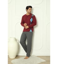 Falkom 5010 İnterlok Kalın Kışlık Desenli Erkek Ev Pijama Takımı (Bordo)