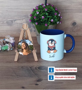Tatlı Penguen Kupa Bardak Beyaz ve Fotoğraflı Ahşap Anahtarlık Hediye (Model 3)