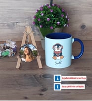 Tatlı Penguen Kupa Bardak Beyaz ve Fotoğraflı Ahşap Anahtarlık Hediye (Model 3)